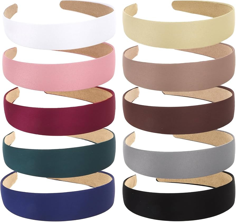 Wecoe 10 Pack Satin Headbands - 1.3 Inch Wide Assorted Colors (White, Blue, Pink, Red, Green, Bro... | Amazon (US)