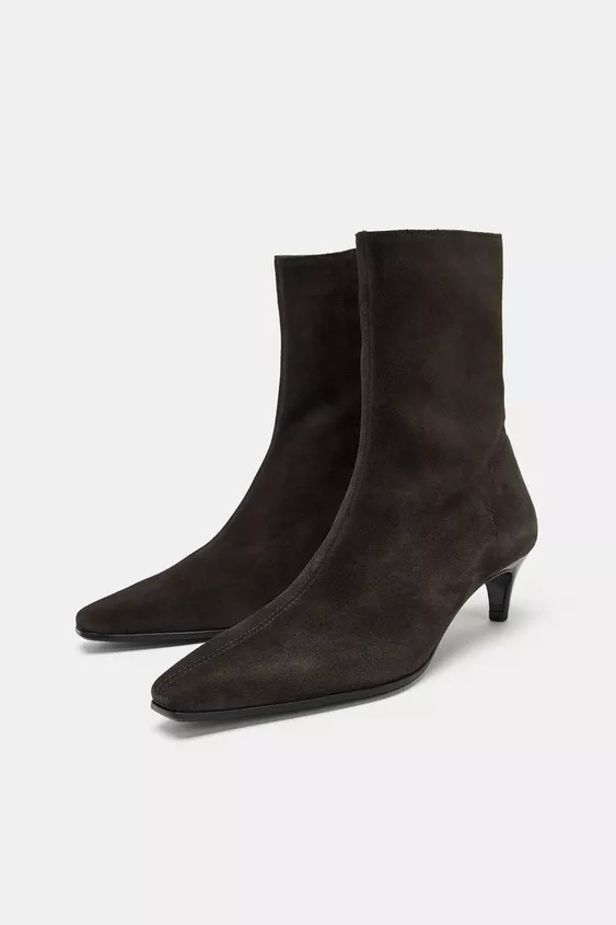 SPLIT LEATHER KITTEN HEEL ANKLE BOOTS | Zara US
