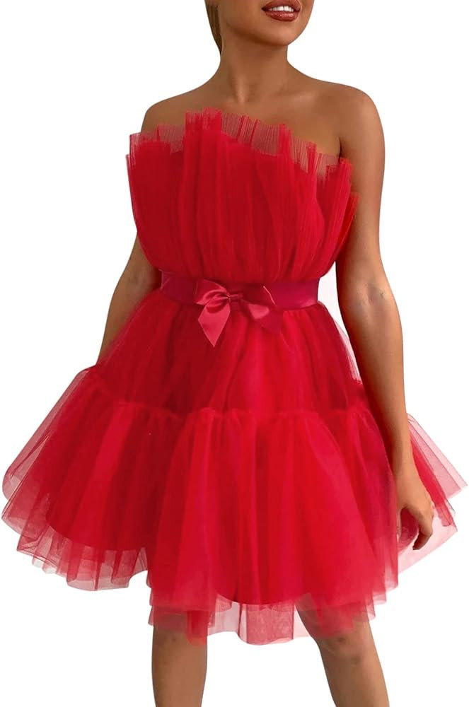 Homecoming Dresses Tulle Lace Prom Dress Short Off Shoulder Strapless Asymmetrical Cocktail Party... | Amazon (US)