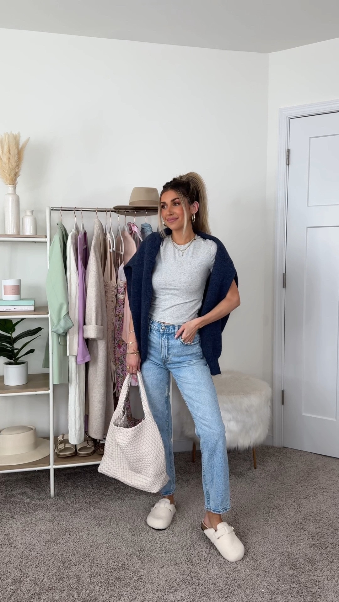 Casual spring outfit 
+ top: xs 
+ sweater: small
+ jeans: 24 extra short (I normally wear a short but go a length shorter so they’re cropped) 
+ Sherpa clogs: true to size 

#LTKgrwm #LTKootd #LTKSeasonal