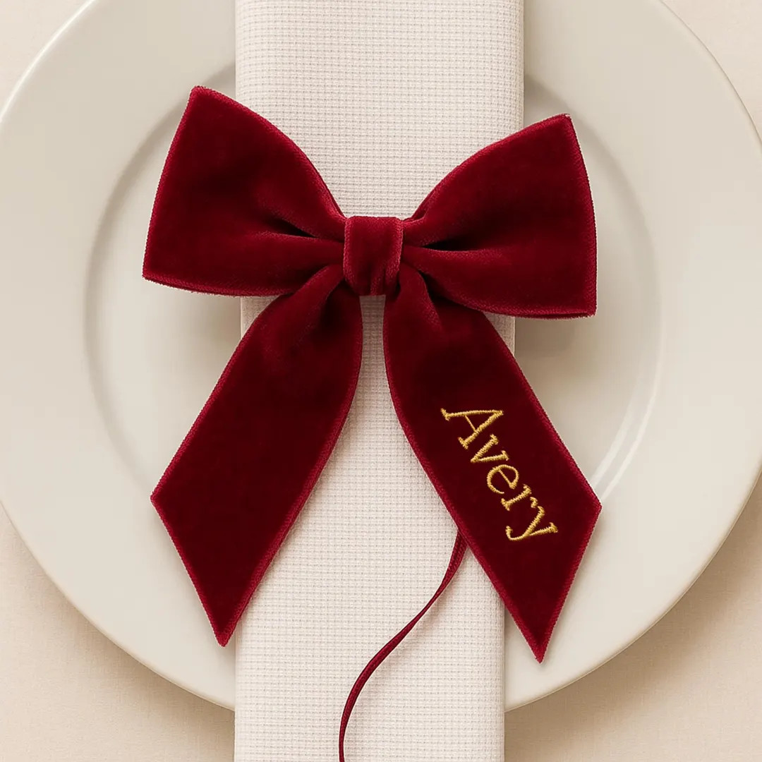 Custom Red Velvet Bow Napkin Ring Personalized Place Setting Bow Embroidered Name Tag Holiday Hos... | Etsy (US)