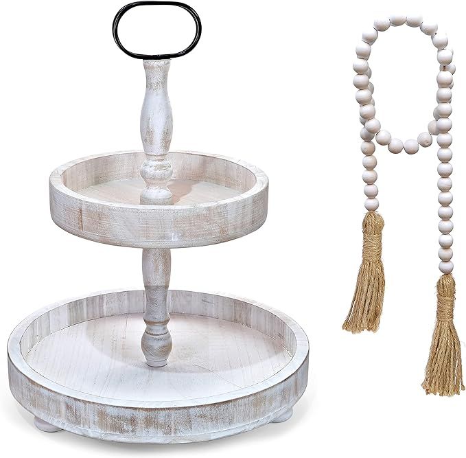 Farmhouse Tiered Tray with Beads Home Decor, Round 2 Tier Tray Cupcake Server, Kitchen Tiered Tra... | Amazon (US)