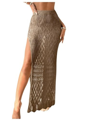 SHENHE Women's Crochet Swim Cover Up High Slit Sheer Long Beach Skirt Cover Up Light Brown Large | Amazon (US)