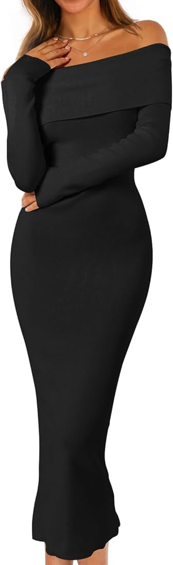 MEROKEETY Women's Winter Off Shoulder Bodycon Sweater Dress Formal Long Sleeve Elegant Cocktail P... | Amazon (US)