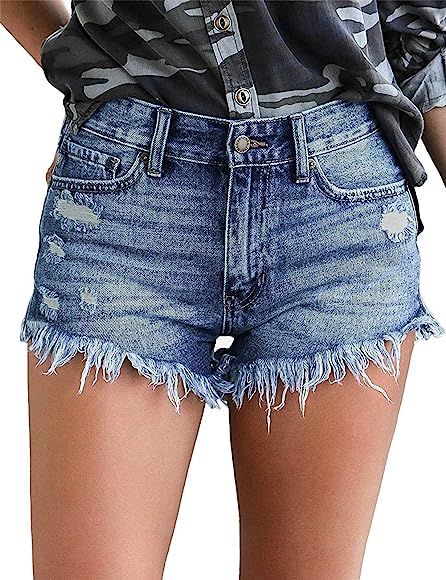 Cut Off Denim Shorts for Women Frayed Distressed Jean Short Cute Mid Rise Ripped Hot Shorts Comfy... | Amazon (US)