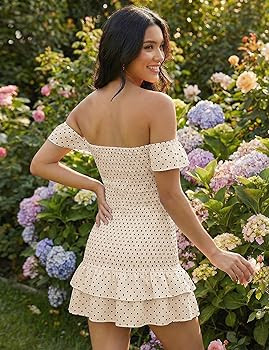 FOMELY Women's Polka Dot Off Shoulder Mini Dress Summer Ruffle Hem Smocked Bodycon Vacation Short... | Amazon (US)