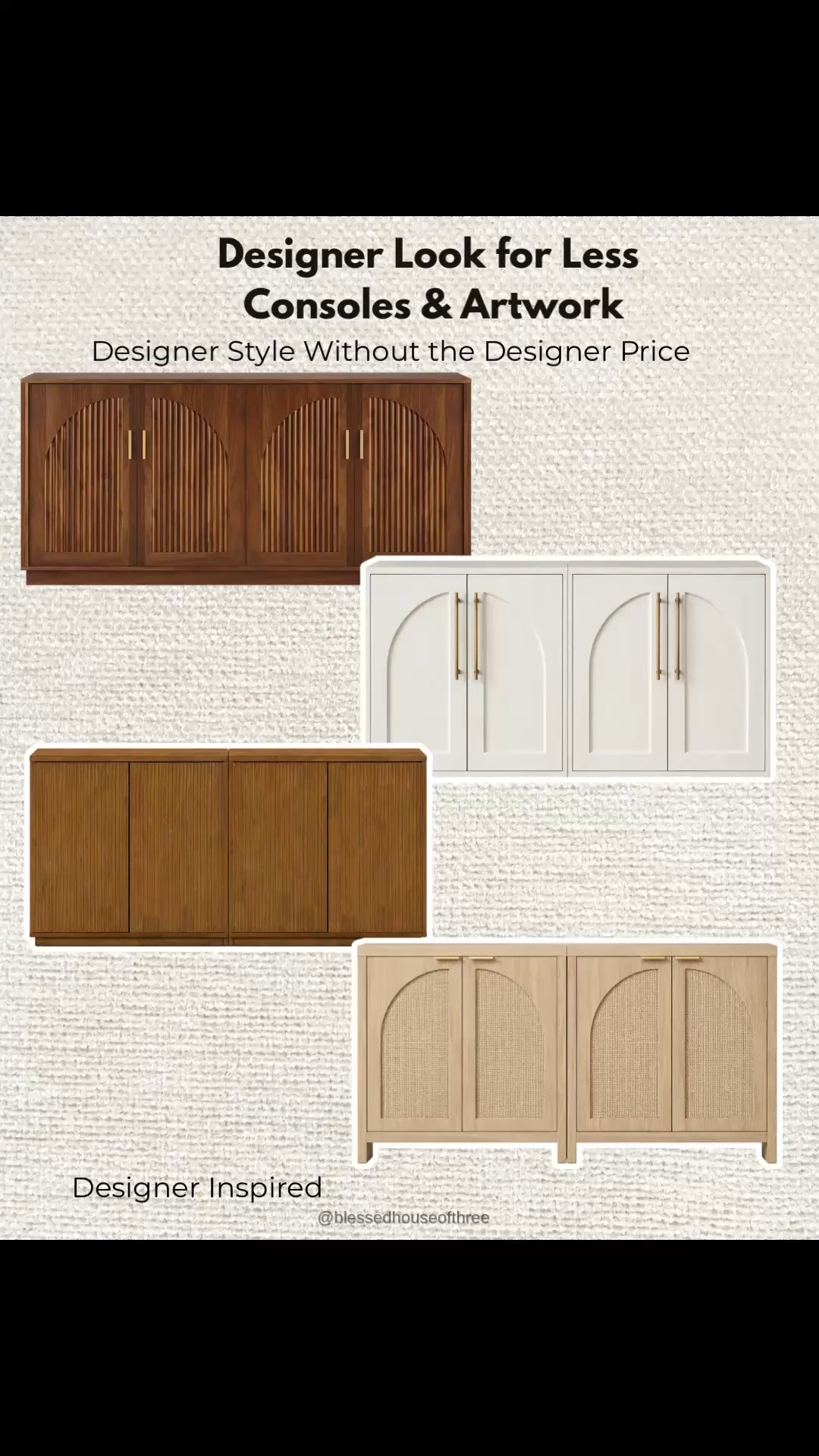 Designer-inspired home doesn’t have to come with designer prices. #affiliatelink These are some of my favorite consoles, sideboards, and neutral artwork that give the same elevated, custom look for much less. If you’re decorating a living room, dining room, entryway, or hallway, these affordable finds are beautiful staples that create a timeless, high-end aesthetic while staying budget friendly.

Designer look for less furniture, affordable media consoles, modern sideboards, buffet cabinets, neutral artwork, Studio McGee inspired decor, Pottery Barn inspired furniture, organic modern home, transitional home decor, entryway furniture, living room storage, dining room storage, luxury home decor for less, neutral decorating ideas.

#LTKHome #LTKSaleAlert