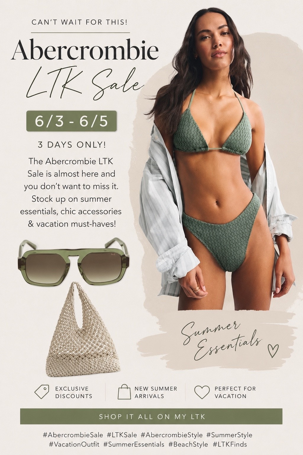 Summer staples I’ll be adding to cart during the upcoming Abercrombie LTK sale 👀🌿 The textured swim, chic sunnies, and beach tote are giving effortless luxury for less. If you’ve been waiting to refresh your vacation wardrobe, THIS is your sign 🤍✨

🛍️ Abercrombie LTK Sale
📅 6/3–6/5
☀️ Vacation outfits
🌴 Beach essentials
👜 Summer accessories
💚 Coastal chic vibes

#Abercrombie #AbercrombieStyle #LTKSale #LTKFinds #SummerStyle #BeachVacation #VacationOutfits #SwimStyle #CoastalStyle #SummerEssentials #ResortWear #BeachBag #SunglassesStyle #NeutralStyle #AffordableLuxury #TrendingStyle #FashionFinds #LTKFashion #VacationPacking #AbercrombieSale

#LTKxAbercrombie #LTKSeasonal #LTKSaleAlert