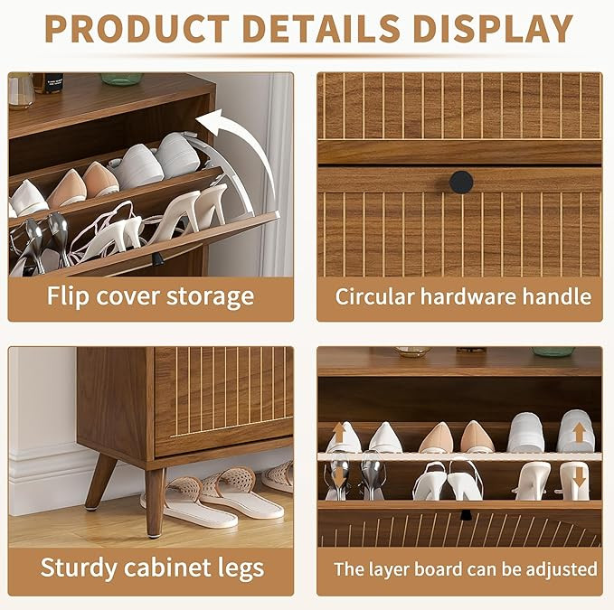 Shoe Storage Cabinet for Entryway with 4 Flip Drawers, Narrow Shoe Organizer with Fluted Panel, F... | Amazon (US)