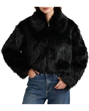 Amazhiyu Womens Faux Fur Zip Up Crop Coat Lapel | Long Sleeve Fluffy Jackets, Lined, Side Pockets... | Amazon (US)