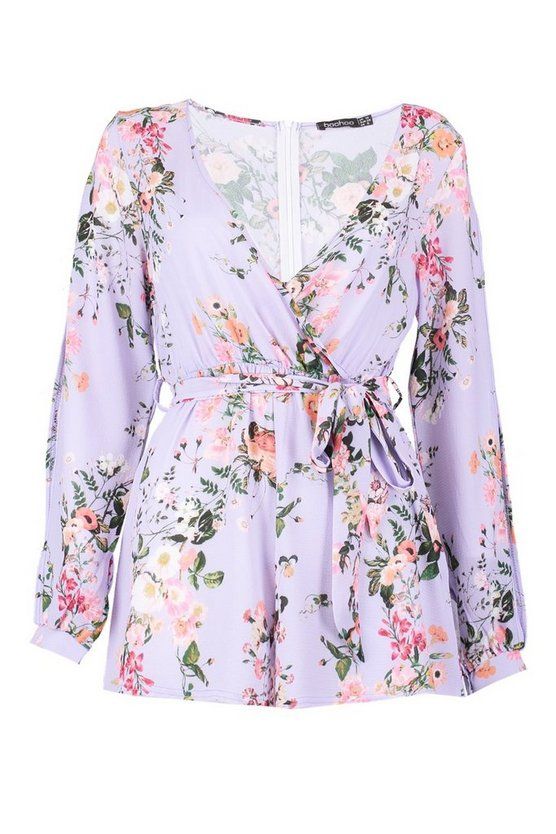 Split Sleeve Wrap Front Floral Romper | Boohoo.com (US & CA)