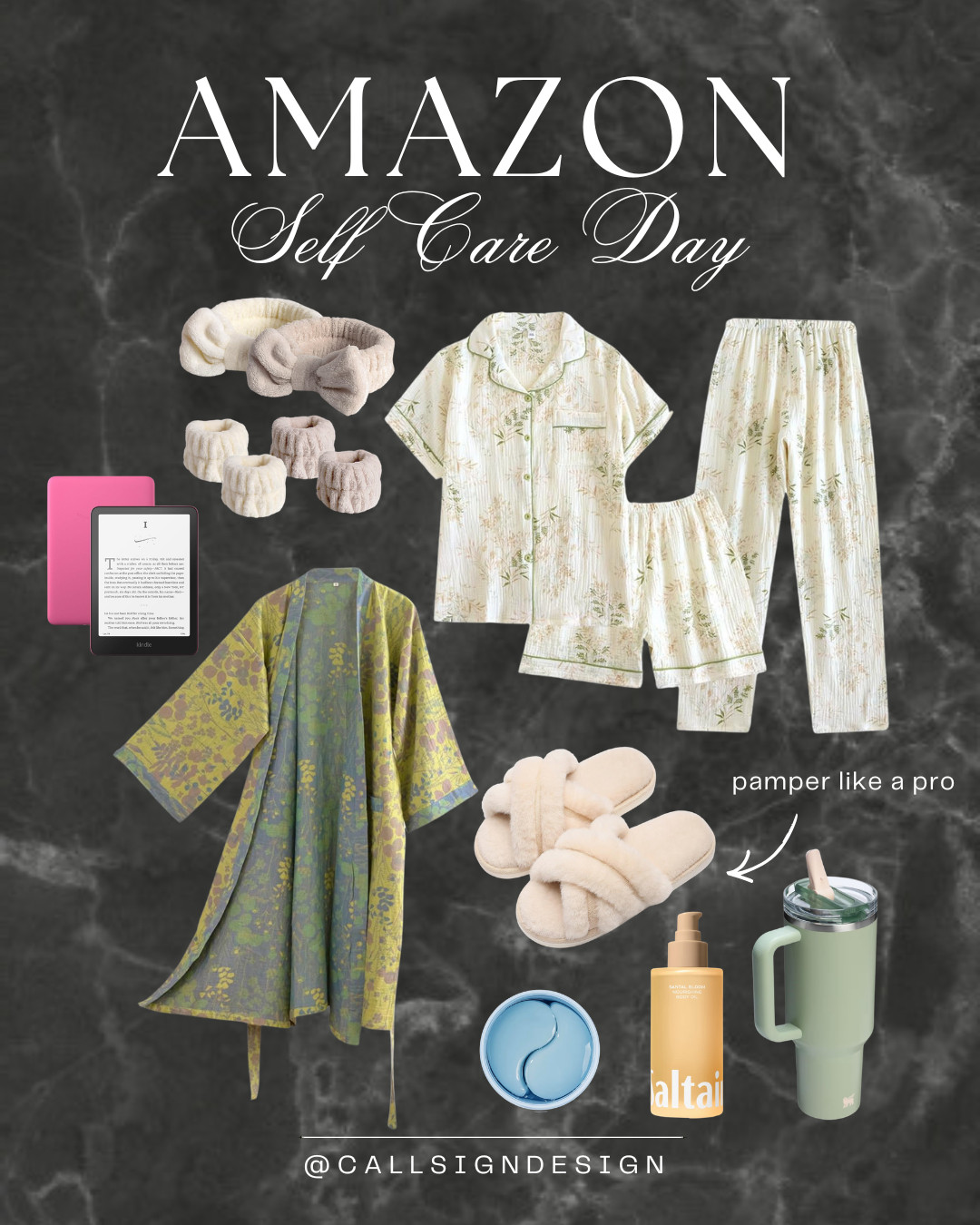 Reset & recharge ✨🤍
Soft matching pajamas layered with a kimono for peak comfort. Fuzzy slippers will keep you cozy wherever you go. Water bottle nearby, eye patches on, and Kindle ready. The perfect little self-care lineup! 

 #LTKdayinmylife #LTKootd #LTKselfcare