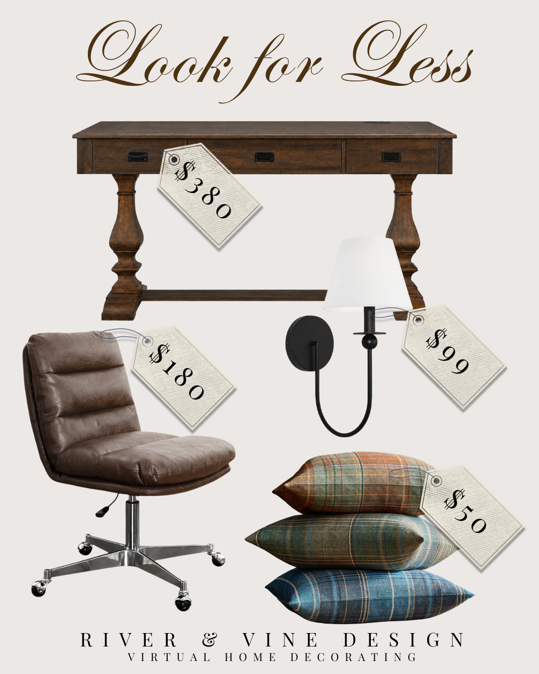 Designer-inspired office pieces without the designer price tags. This look combines a substantial wood desk, vintage-inspired leather chair, classic black sconce, and plaid pillows for an elevated office that feels warm, tailored, and timeless. These are the kinds of pieces that make a space feel custom without overspending.

Disclosure: I may earn a small commission from purchases made through my links, at no additional cost to you. 

 #LTKHome