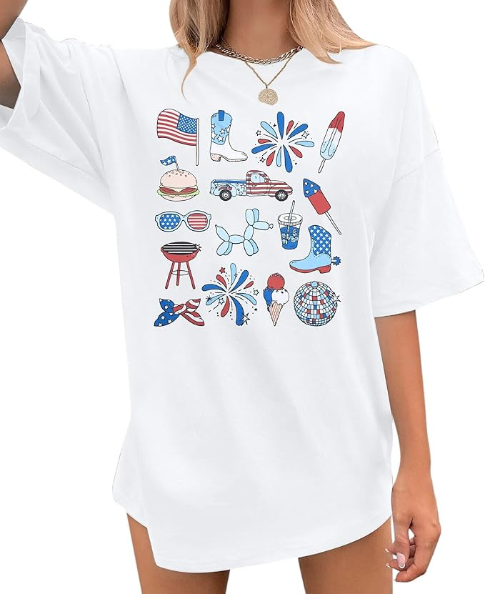 4th of July Shirts Women Oversized America Flag Shirt Red White and Blue Graphic Shirt Funny Memo... | Amazon (US)