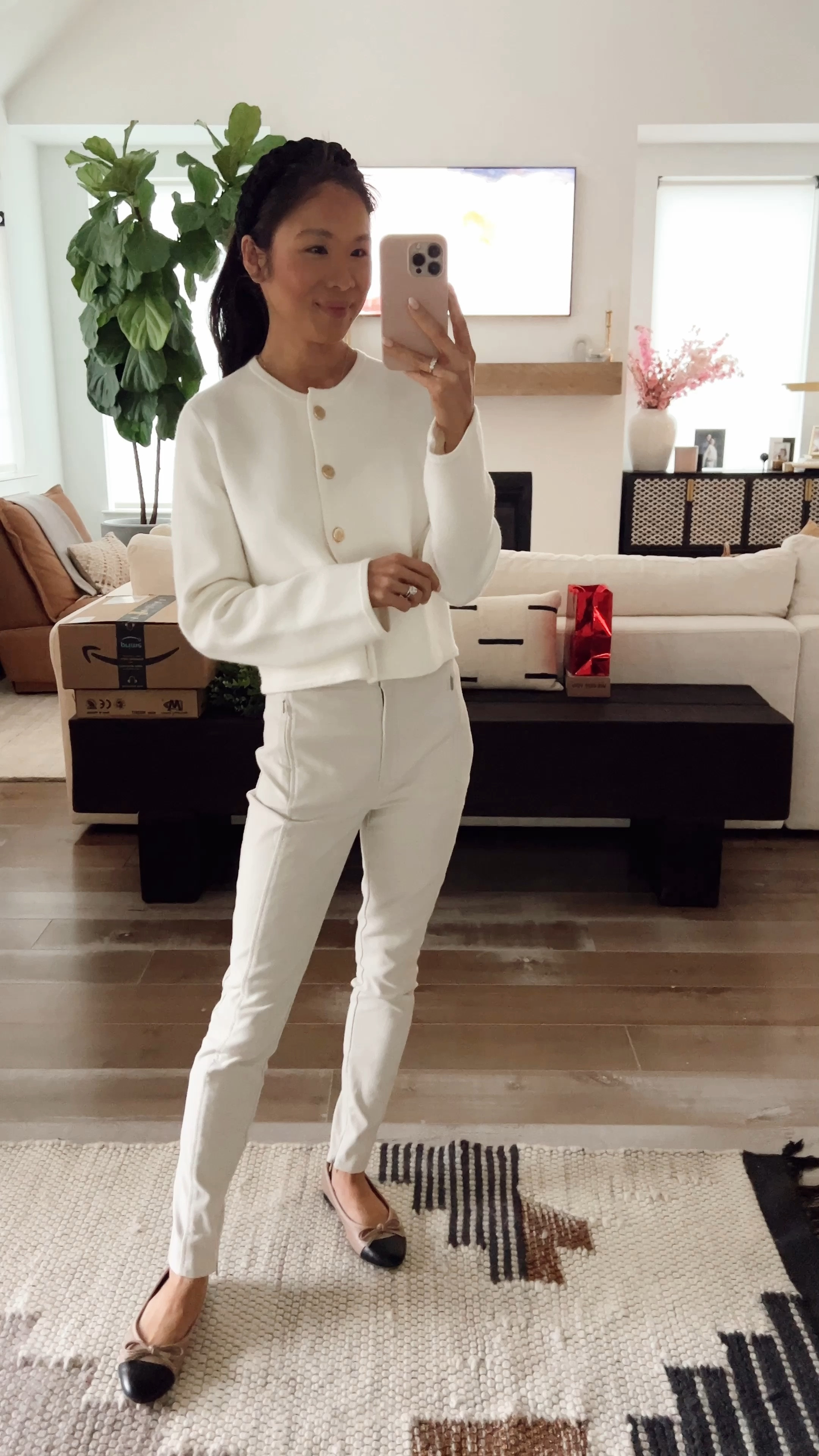 Spring outfit with white crew sweater jacket in size XS that is so soft, comfy and has pockets paired with cream pants that I am wearing in size 00 and on sale for $100! Love this for casual workwear, every day outfit, teacher outfits and more! 

#LTKstyletip #LTKsalealert #LTKworkwear