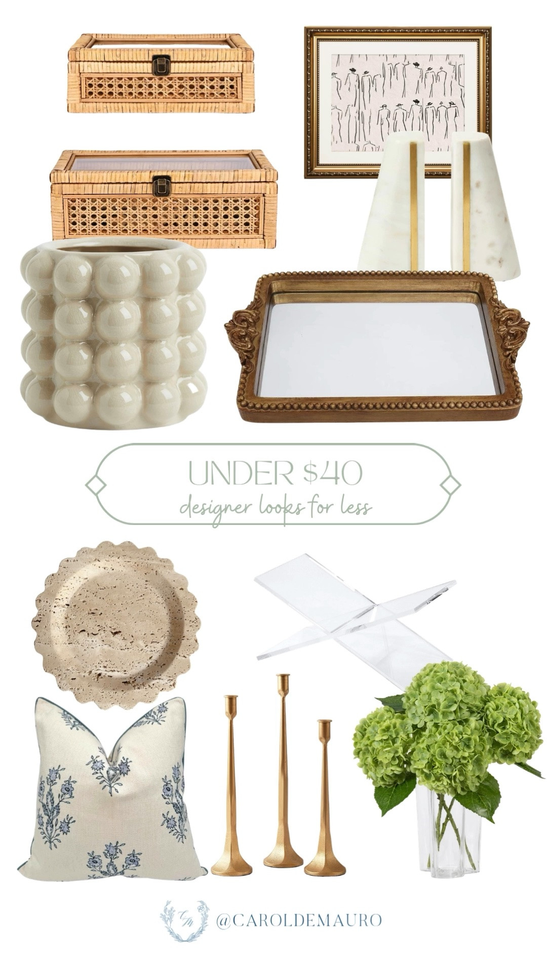 All the good stuff: rattan boxes, bubble vases, gold candlesticks, and a floral linen pillow—nothing over $40. These are the kinds of finds that look way more expensive than they actually are.

designer looks for less, affordable home decor, budget home finds, rattan decor, home styling on a budget, faux hydrangea

#LTKHome