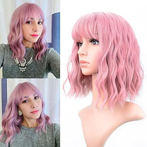 VCKOVCKO Pastel Wavy Wig With Air Bangs Women's Short Bob Purple Pink Wigs Curly Wavy Shoulder Lengt | Amazon (US)