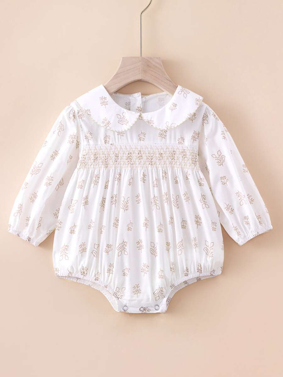 Baby Floral Print Peter Pan Collar Shirred Bodysuit | SHEIN