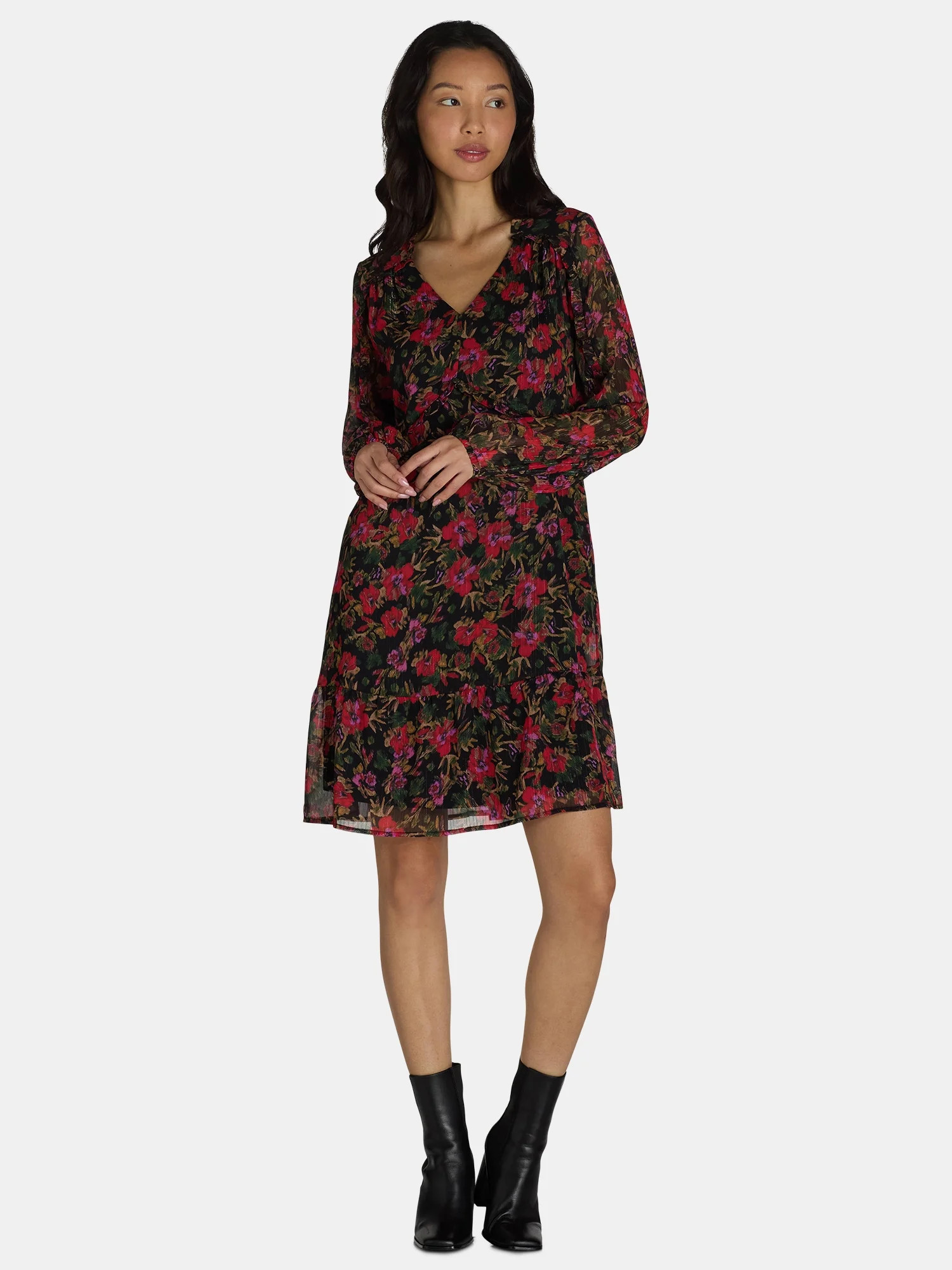 Time and Tru Women's Mini Floral Dress with Long Sleeves, Size XS-XXXL | Walmart (US)