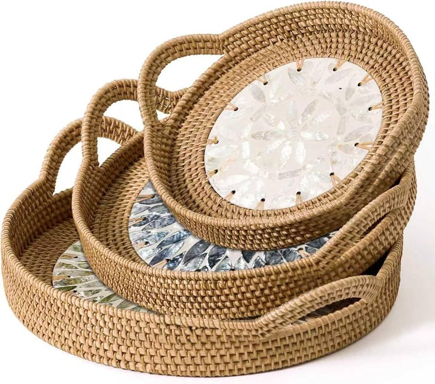 Round Rattan Tray Set (3-Piece) with Mother of Pearl Inlay & Wooden Base | Decorative Wicker Serv... | Amazon (US)