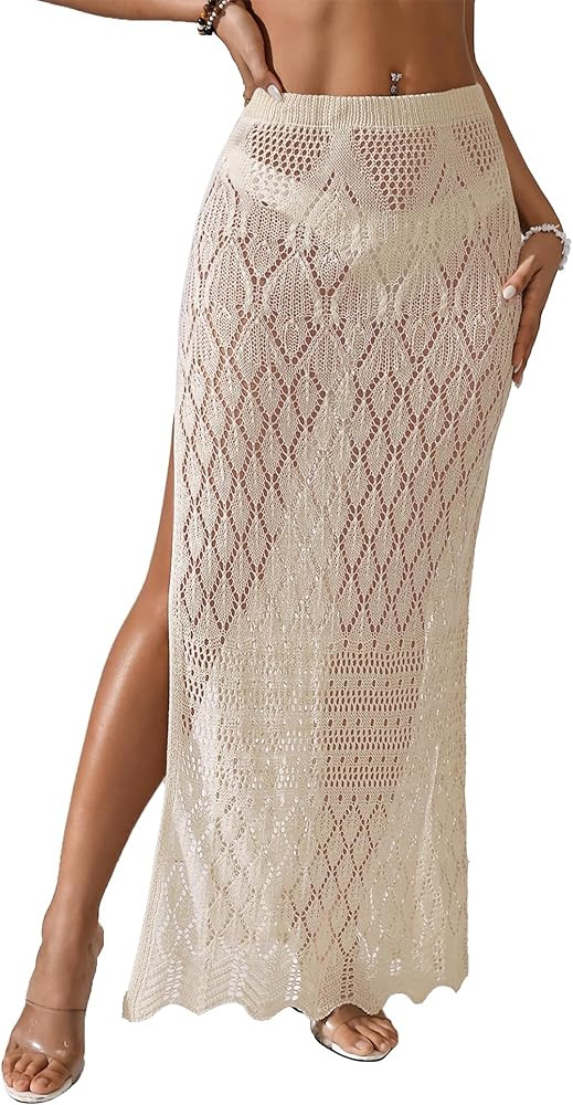 Womens Crochet Knit Elastic Waist Beach Dress 2026 Summer Outfits Side Slit Bathing Suit Cover Up... | Amazon (US)