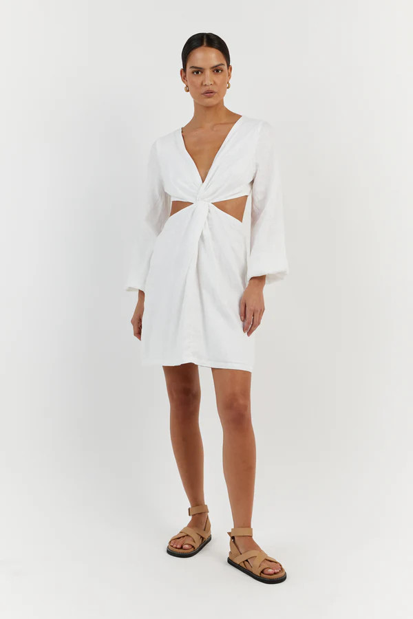 TINA WHITE LINEN TWIST MINI DRESS | DISSH