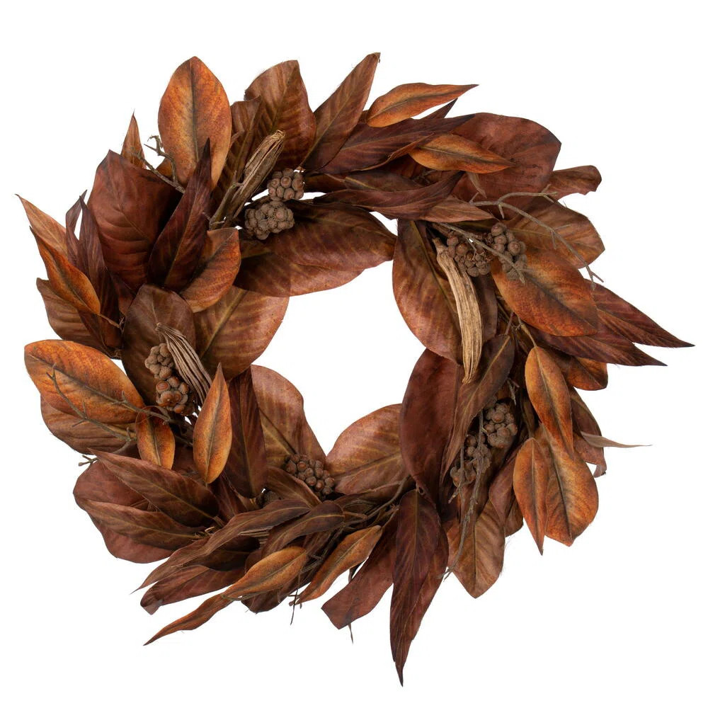 24" Brown Magnolia Leaf Wreath. It measures 24 by 12 inches. | Wayfair North America