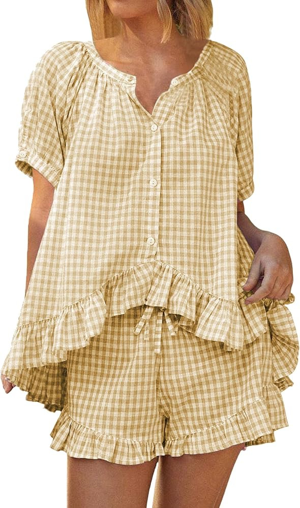 Womens Gingham Pajama Set 2 Piece Cotton Short Sleeve Plaid Ruffle Pjs Outfits Lounge Babydoll Sh... | Amazon (US)