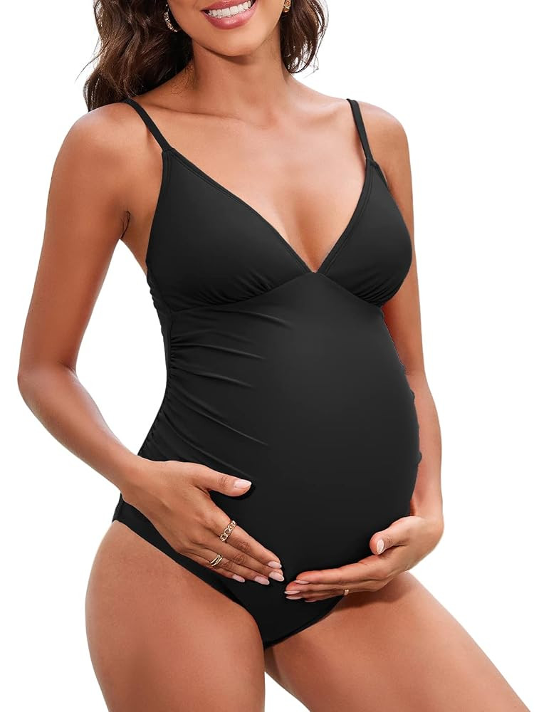 CUPSHE Maternity Swimsuit for Women One Piece Swimsuits Pregnancy Swimwear Spaghetti Straps Ruche... | Amazon (US)