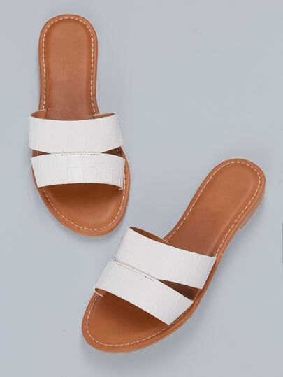 Crocodile Detail Open Toe Band Flat Slide Sandals | SHEIN