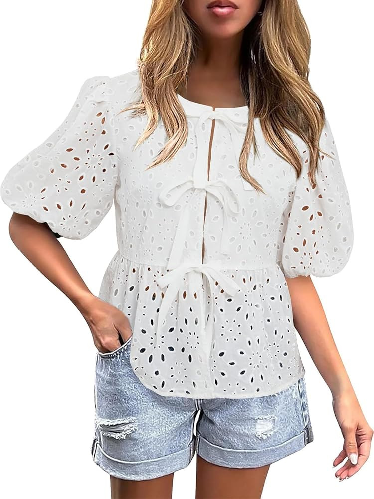 FARORO Women's Summer Dressy Casual Tops Short Puff Sleeve Babydoll Peplum Blouse Bow Tie Front H... | Amazon (US)