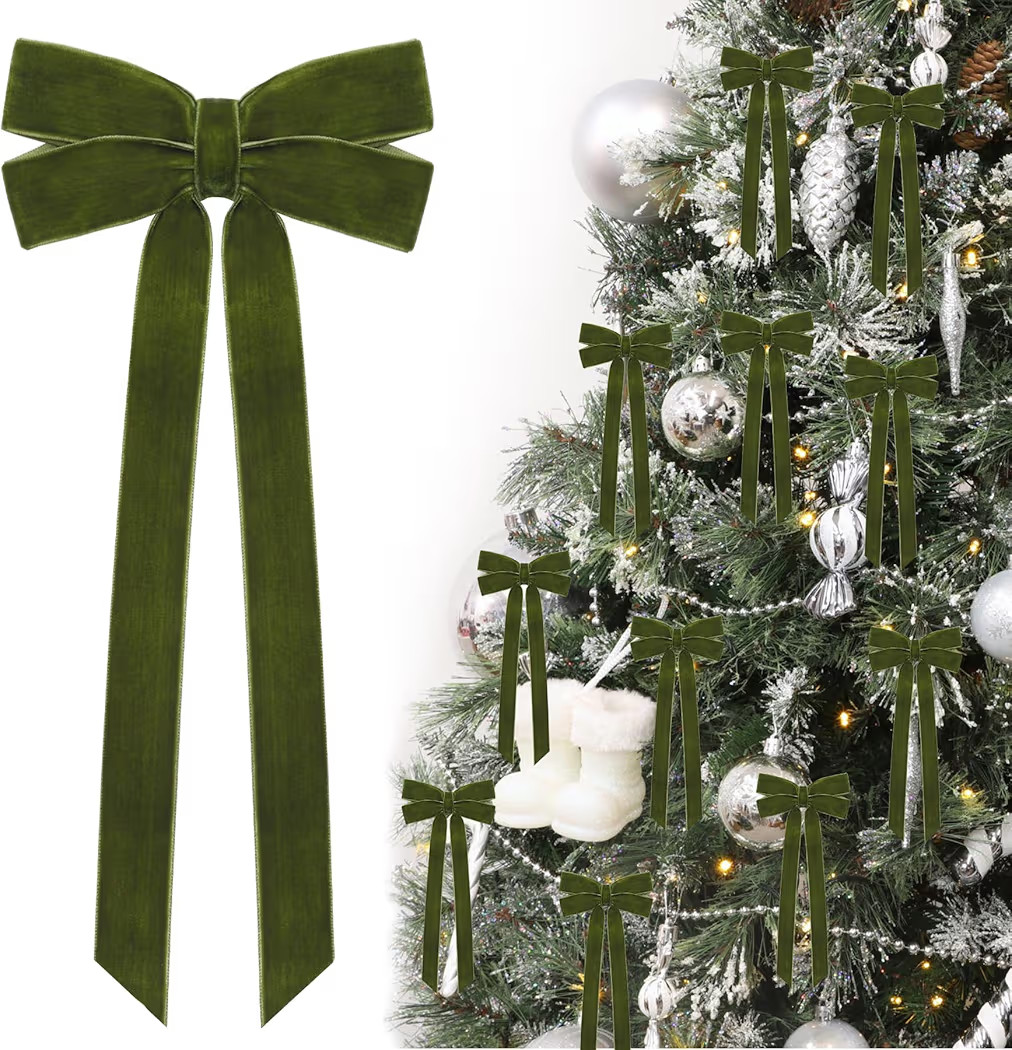 12Pcs Green Velvet Ribbon Bows Christmas Tree Decorations,5in x 10in Xmas Ornaments for Tree Home... | Amazon (US)