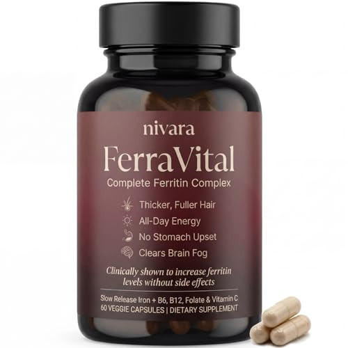 Nivara FerraVital Ferritin Complex - Iron Supplement for Women & Men with Bisglycinate, Vitamin C, B12, Lactoferrin, Methylfolate, Slow Release Gentle Iron Pills for Hair & Energy Support, 60 Capsules | Amazon (US)