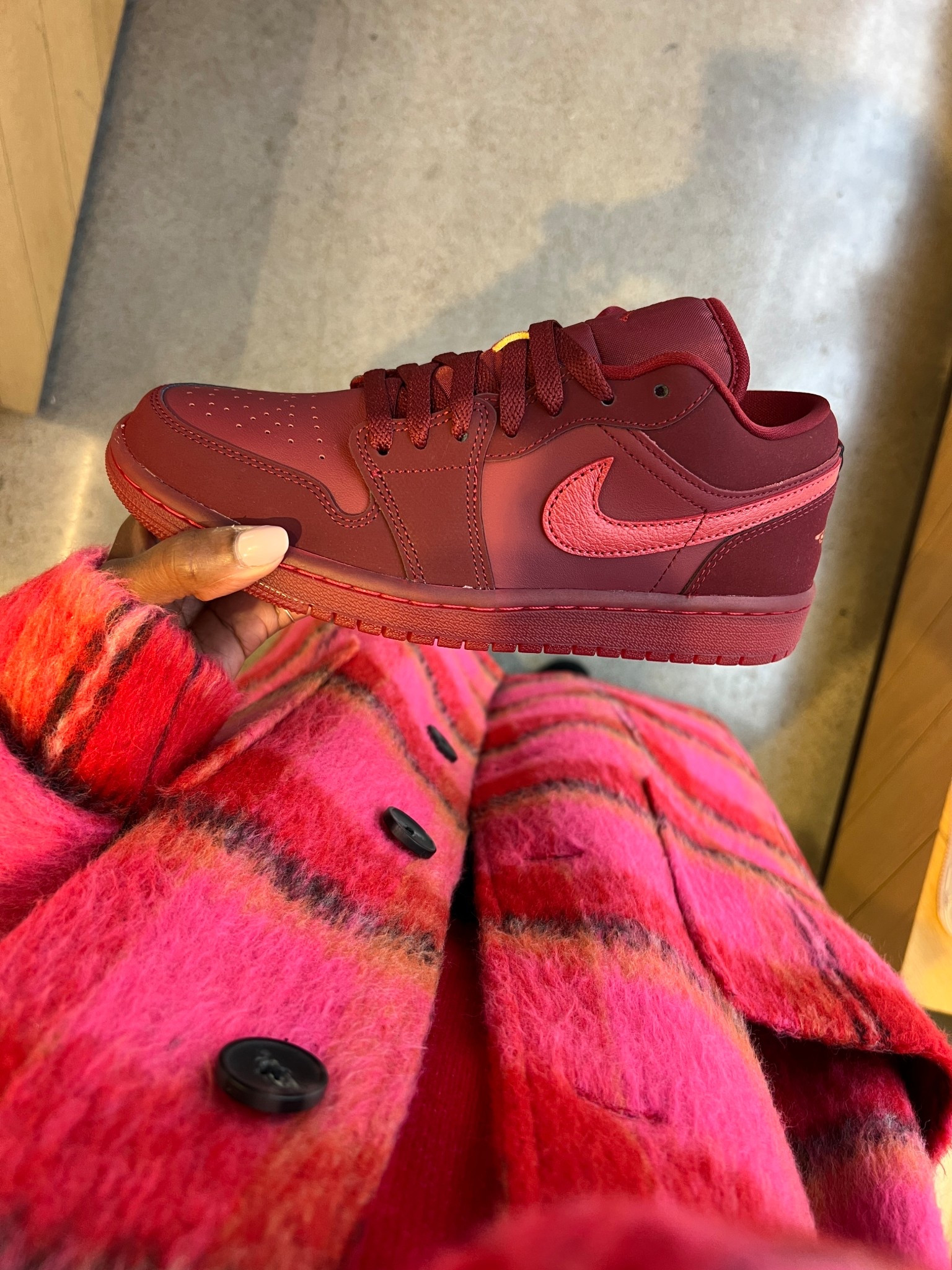 Red & pink Valentine’s Day sneakers for her! Jordan 1 low se casual shoes and a plaid and pink coat  

#LTKValentine