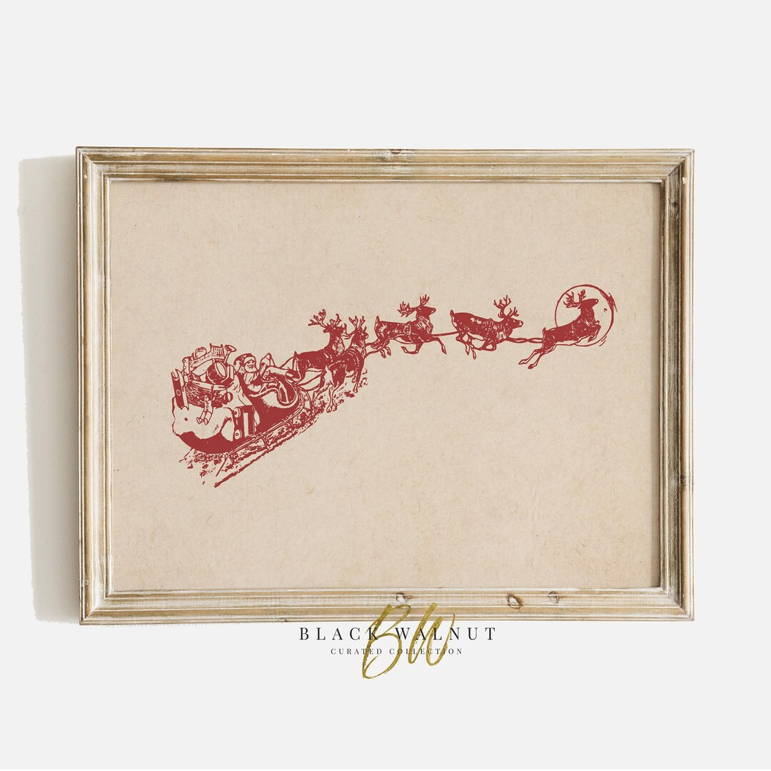 Santa's Sleigh and Reindeer Vintage Sketch, Red Christmas Wall Art Print, Horizontal Printable Wa... | Etsy (US)