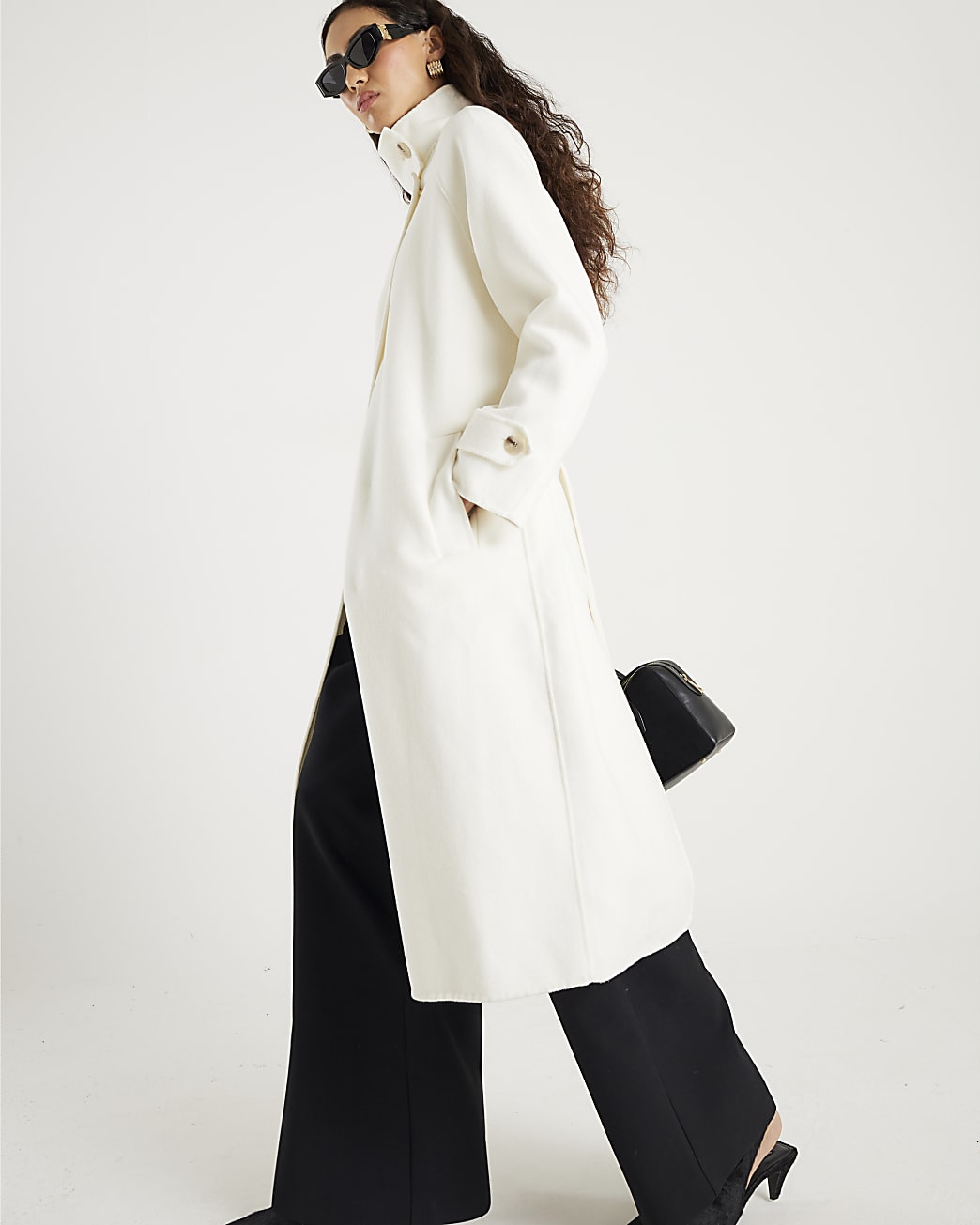 Cream Handmade wool blend Funnel Neck Coat | River Island UK & IE