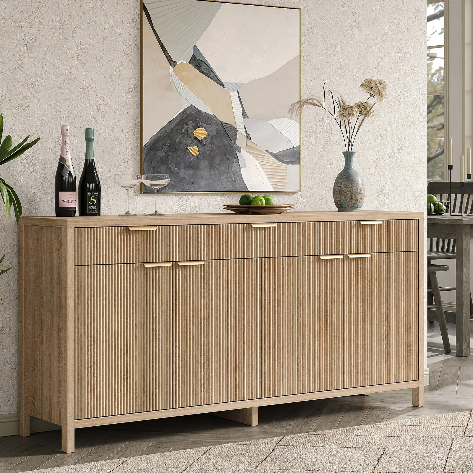 Yanosaku 66" W Fluted Buffet Cabinet, Sideboard Storage Cabinet with 3 Drawers & 2 Cabinets, Mid-... | Amazon (US)