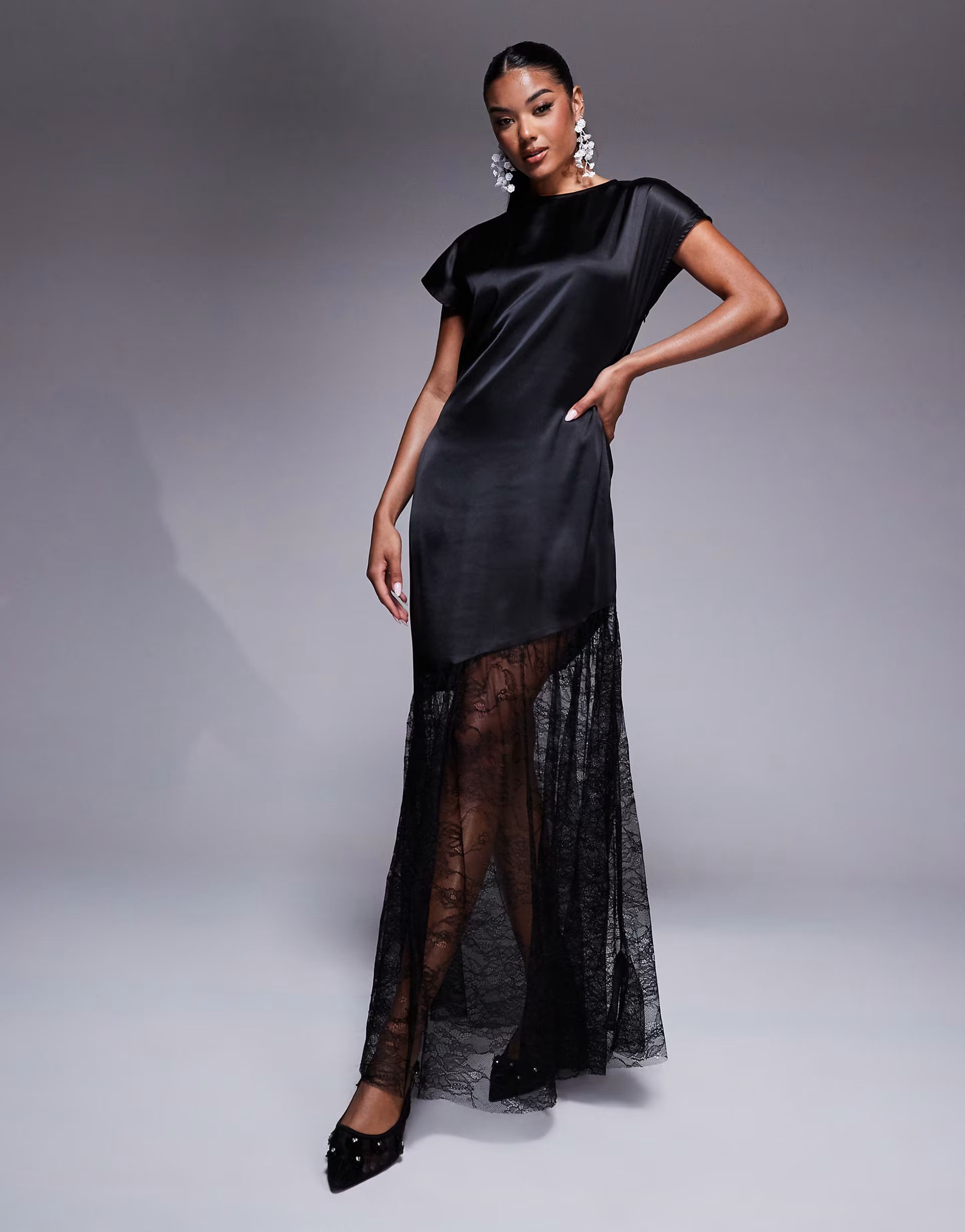 ASOS DESIGN satin and lace mix maxi t shirt dress in black | ASOS (Global)