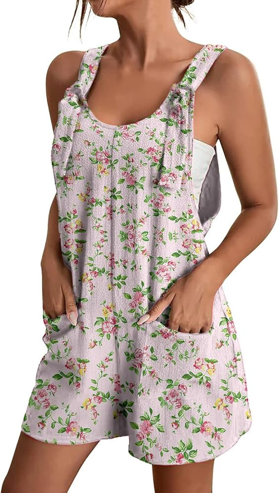 ZOCANIA Women's Ditsy Boho Floral Print Summer Cute Short Overalls Loose Fit Sleeveless Casual Ro... | Amazon (US)