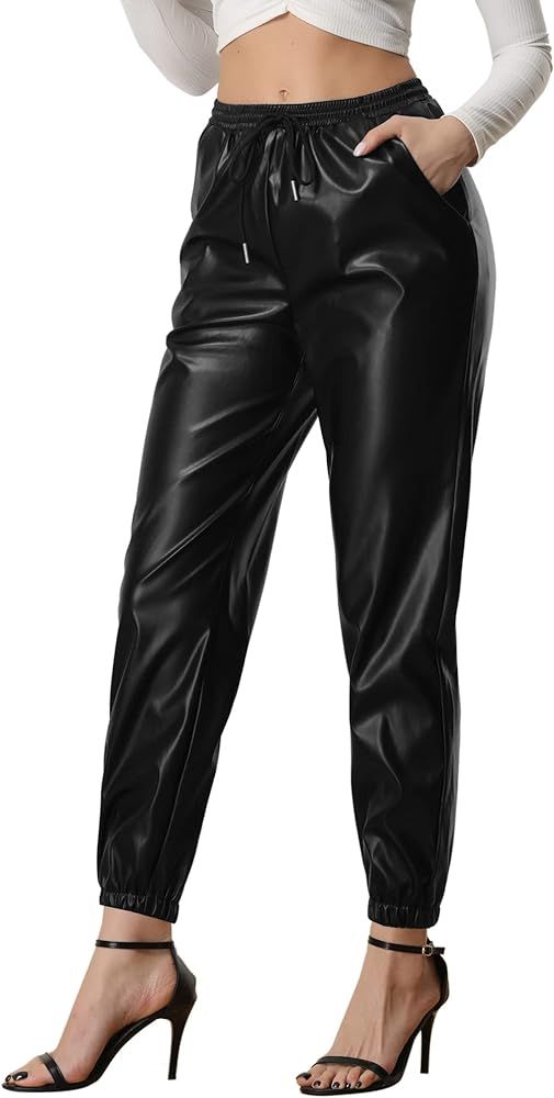 Allegra K Faux Leather Pants for Women's Drawstring High Waist Joggers Casual Tapered Trousers | Amazon (US)