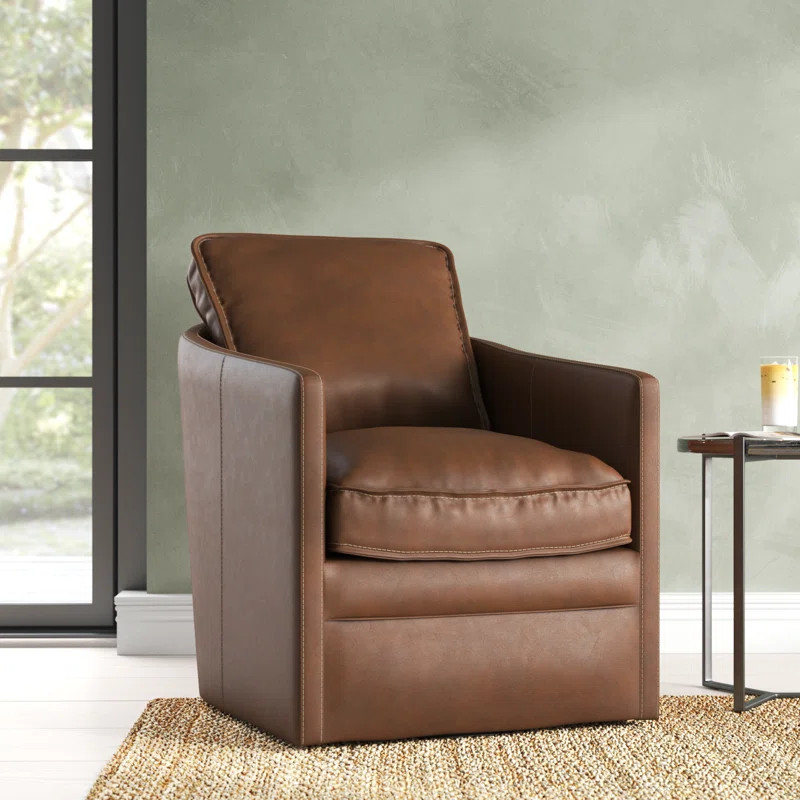Knepp Vintage Brown Top Grain Leather Square Arm Swivel Chair | Wayfair North America