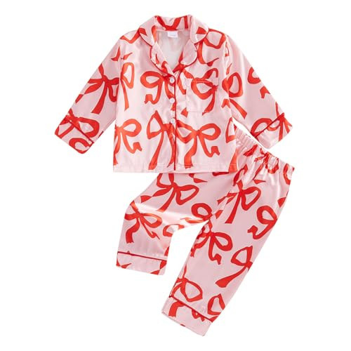 Fsadfeas Christmas Pajamas Toddler Girl Boy Bow&Candy Cane 2 Piece Pajama Set Little Kids Girls Satin Silk Nightgown Outfit (Pink Big Bow, 2-3 Years) | Amazon (US)