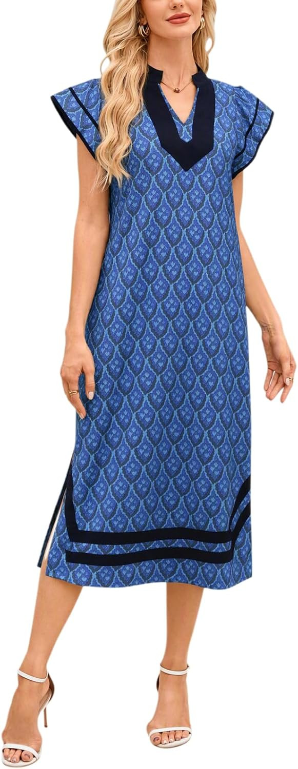 YEXPINE Women's Floral Midi Dress Short Sleeve V-Neck Dresses with Pockets | Amazon (US)