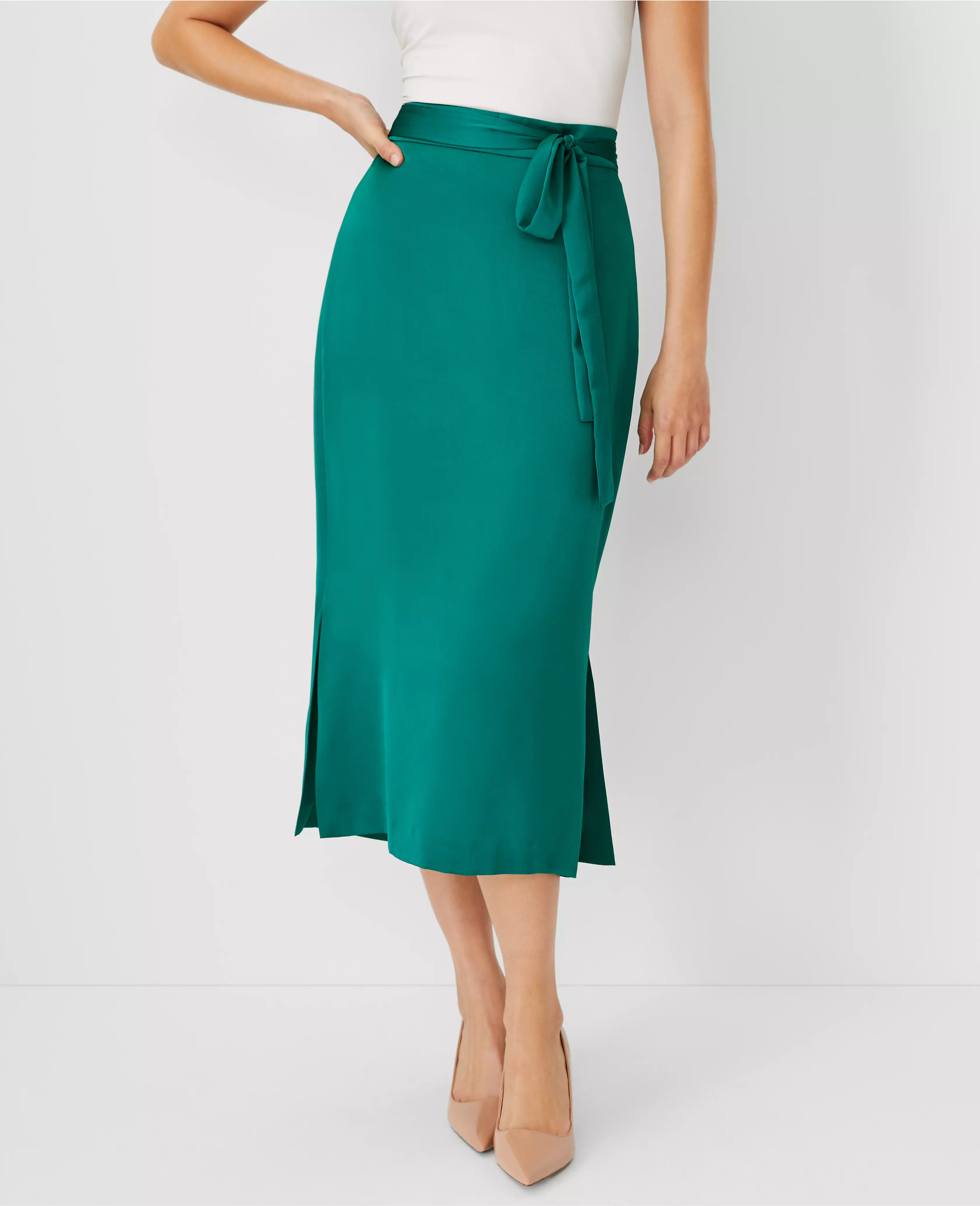 Tie Waist Side Slit Midi Skirt | Ann Taylor (US)