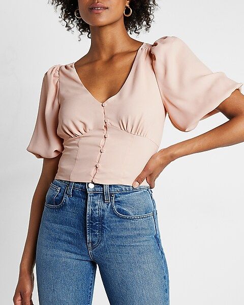 V-neck Button Front Puff Sleeve Cropped Top | Express