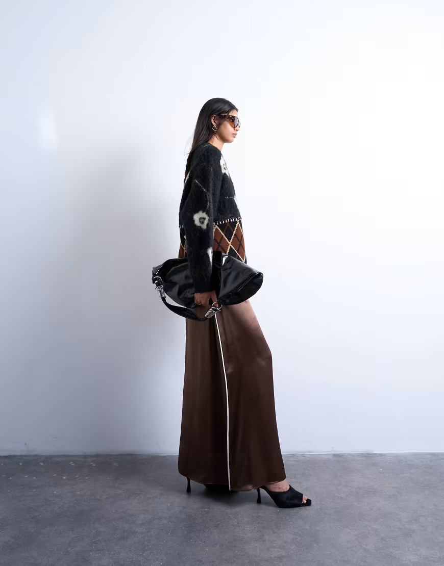 Topshop satin maxi bias skirt with piping in chocolate-Brown | ASOS (Global)