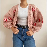 Hand Knit Chunky Heart Cardigan, Soft Pink Women Sweater, Handmade Crop Kawaii Outfit, Y2K Top With Red Hearts, Handmade Warm Jacket | Etsy (US)