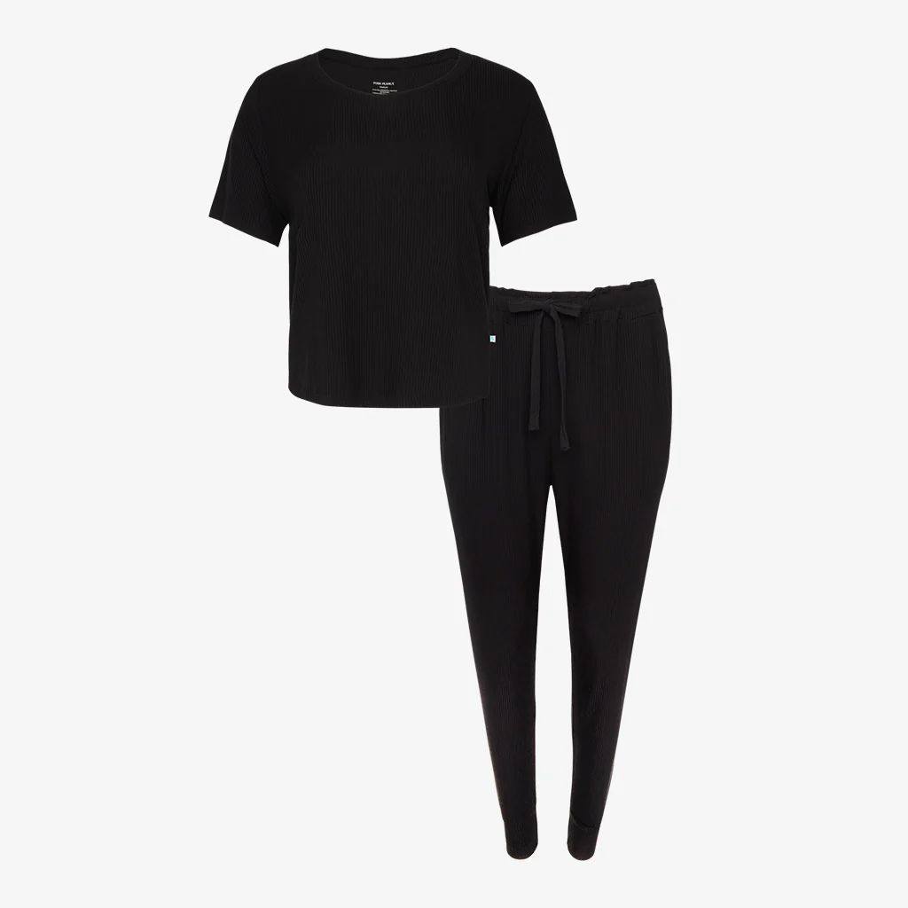 Solid Ribbed Short Sleeve Women's Pajamas | Black Ribbed | Posh Peanut
