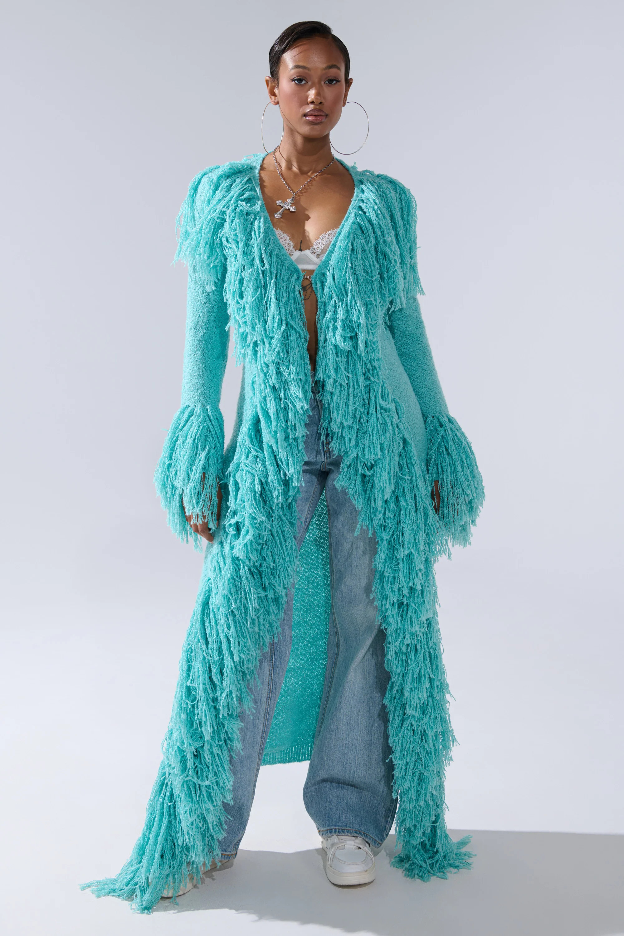 AKIRA Burrr It's Cold Outside Fringe Oversized Sweater In Turquoise | Size 1X/2X | AKIRA