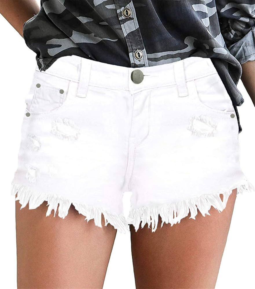 onlypuff Women's Ripped Mid Waisted Denim Shorts with Pockets | Amazon (US)